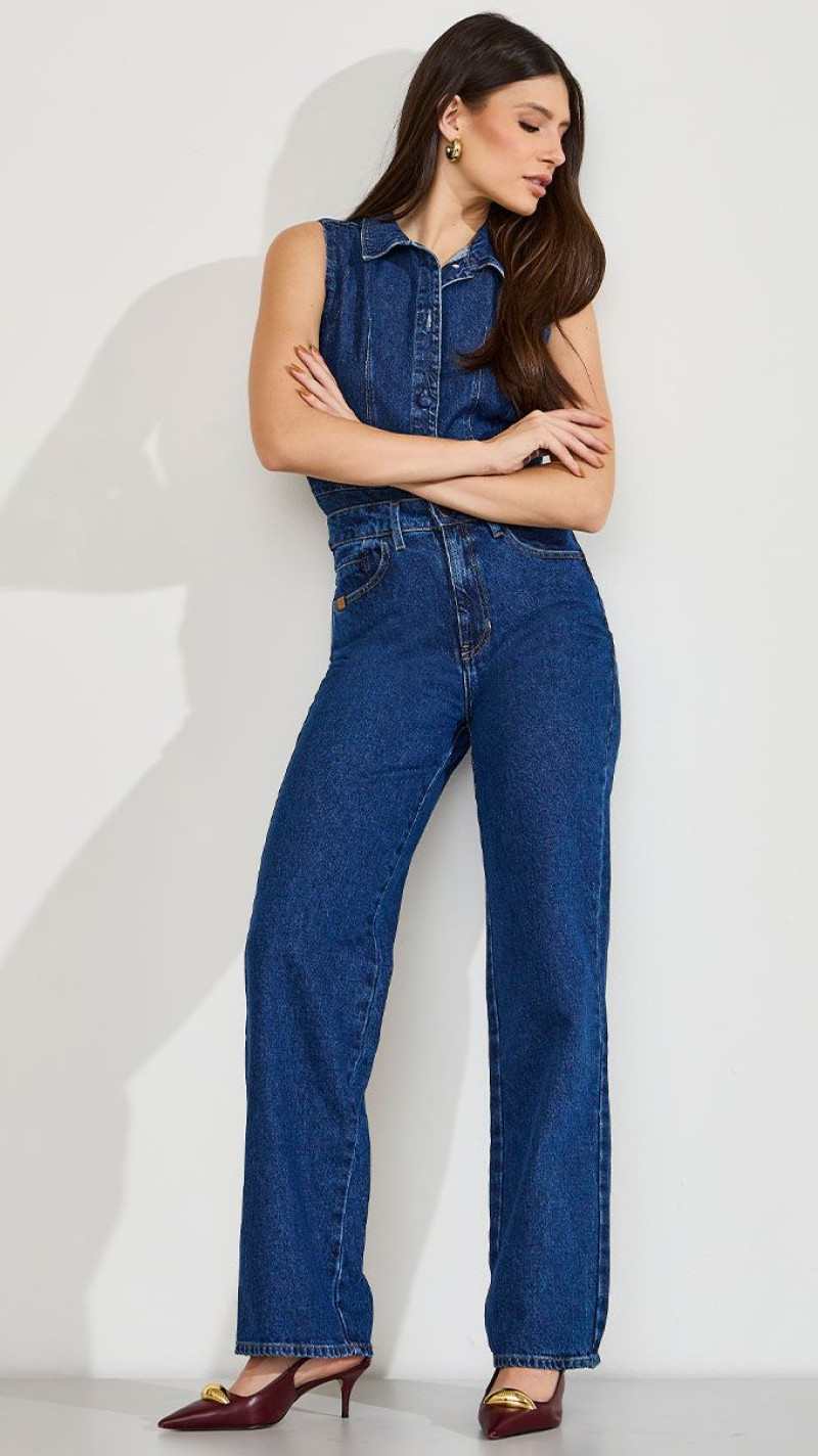 CALÇA JEANS WIDE LEG BOLSO RELÓGIO