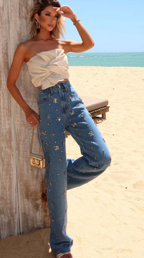 CALÇA JEANS WIDE LEG BORDADA