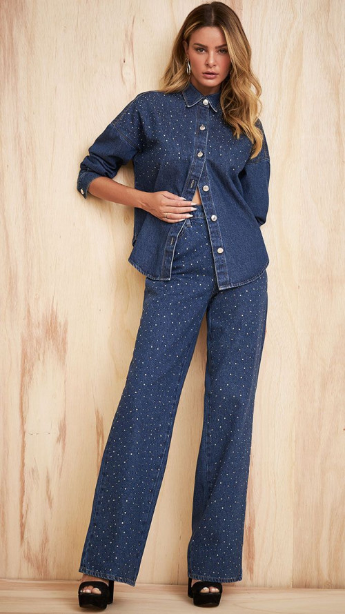 CALÇA WIDE LEG COM STRASS