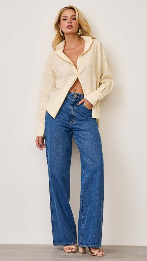 CALÇA JEANS WIDE LEG BOLSO RELÓGIO