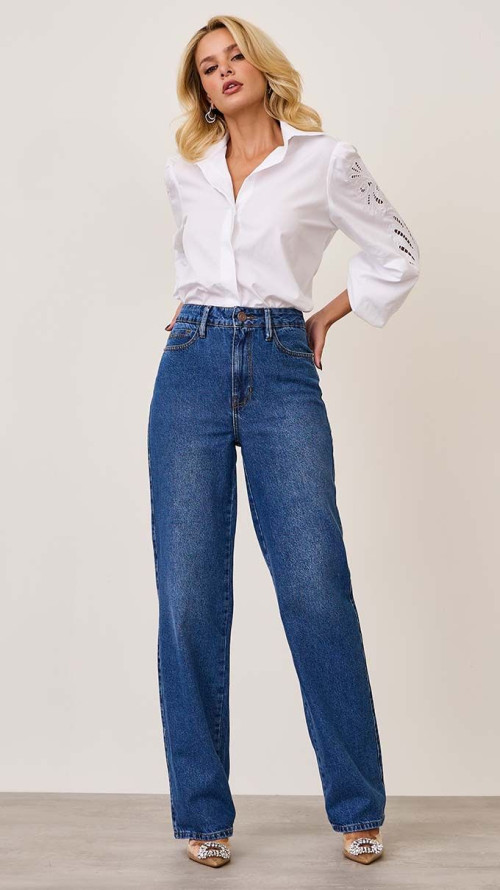 CALÇA JEANS WIDE LEG BOLSO RELÓGIO