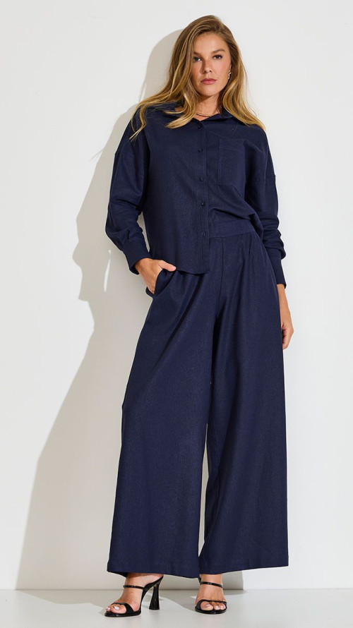 CALÇA PANTALONA DE LINHO AZUL