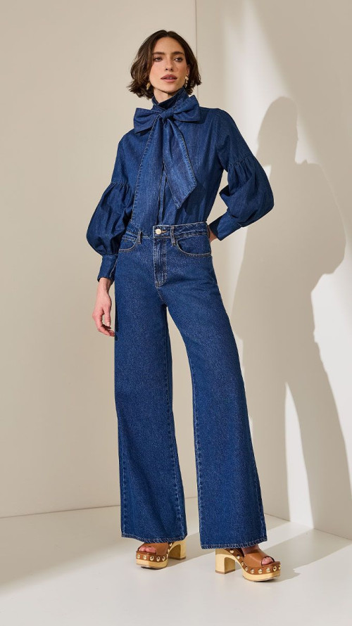 CALÇA JEANS ESCURA MAXI WIDE BOLSO RELÓGIO