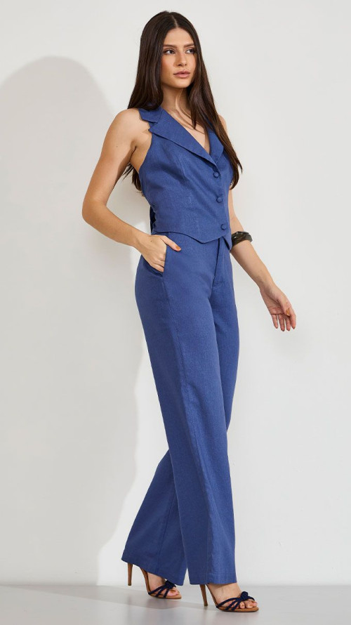 CALÇA WIDE LEG LINHO ALFAIATARIA AZUL