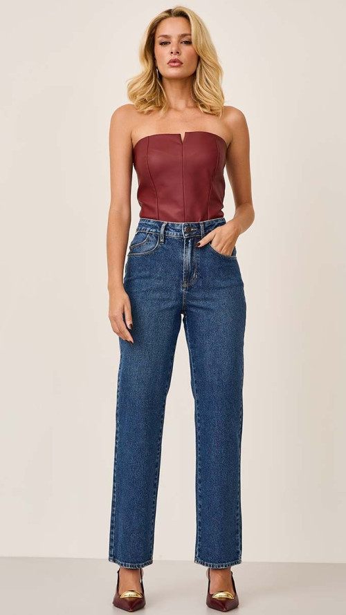 CALÇA JEANS RETA ESCURA BOLSO RELÓGIO