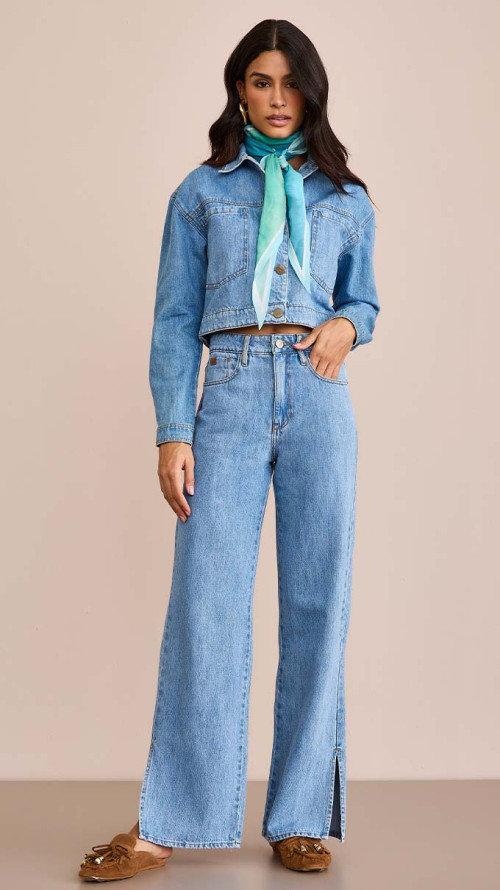 CALÇA JEANS WIDE LEG ABERTURA LATERAL