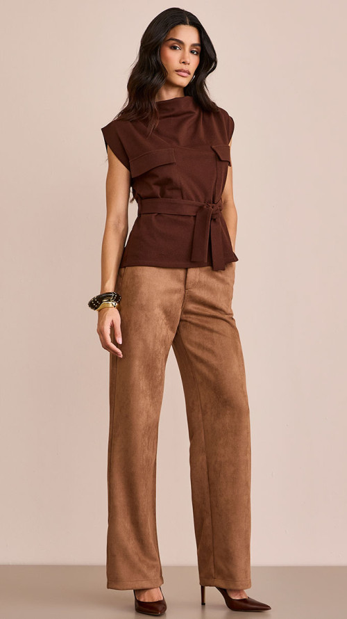 CALÇA ALFAIATARIA SUEDE WIDE LEG MOCHA MOUSSE