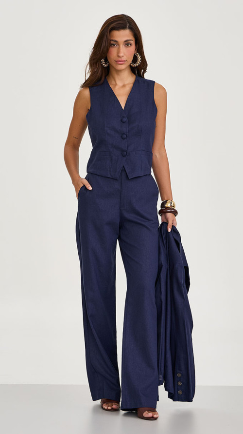 CALÇA LINHO WIDE LEG ALFAIATARIA AZUL