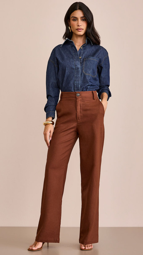 CALÇA LINHO WIDE LEG ALFAIATARIA MARROM