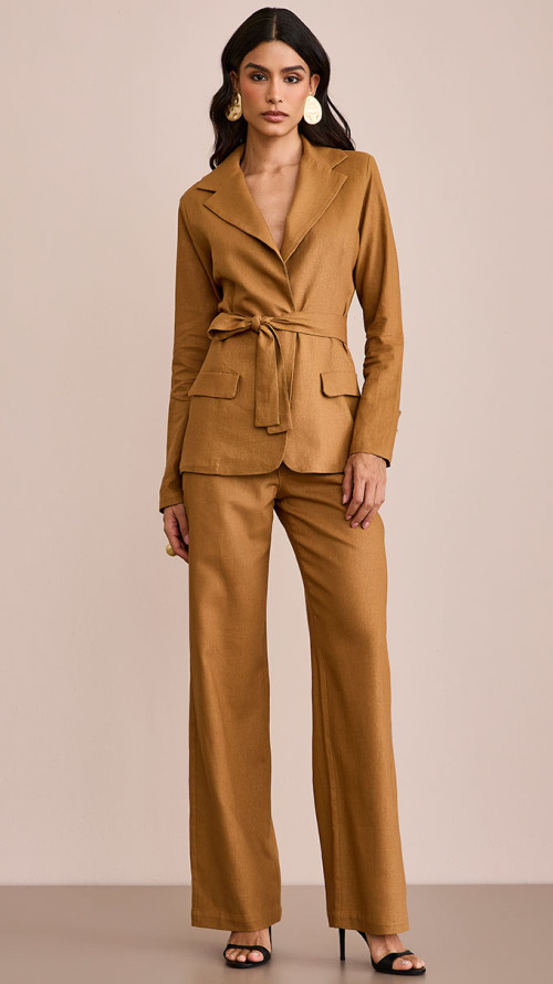 CALÇA LINHO WIDE LEG ALFAIATARIA CARAMELO