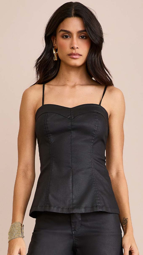 BLUSA JEANS RESINADA PEPLUM PRETA