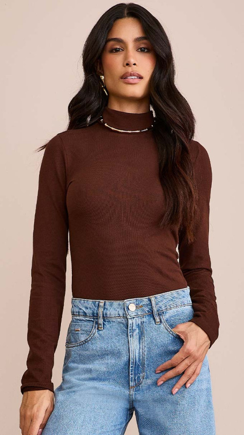 BLUSA MALHA GOLA ALTA MARROM