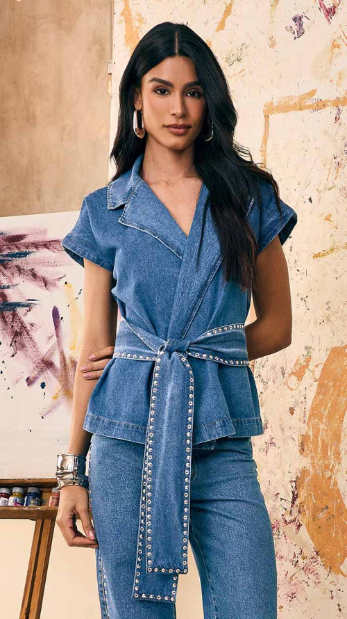 BLUSA JEANS ENVELOPE COM CINTO