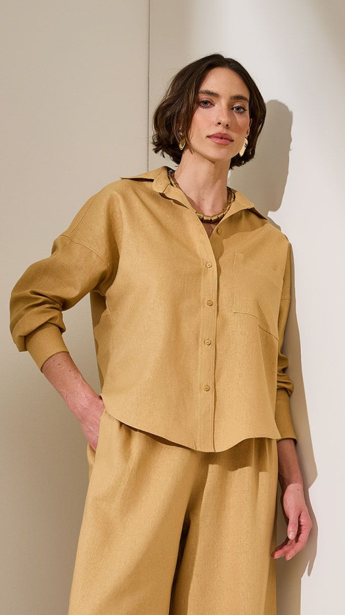 CAMISA DE LINHO MANGA LONGA CARAMELO