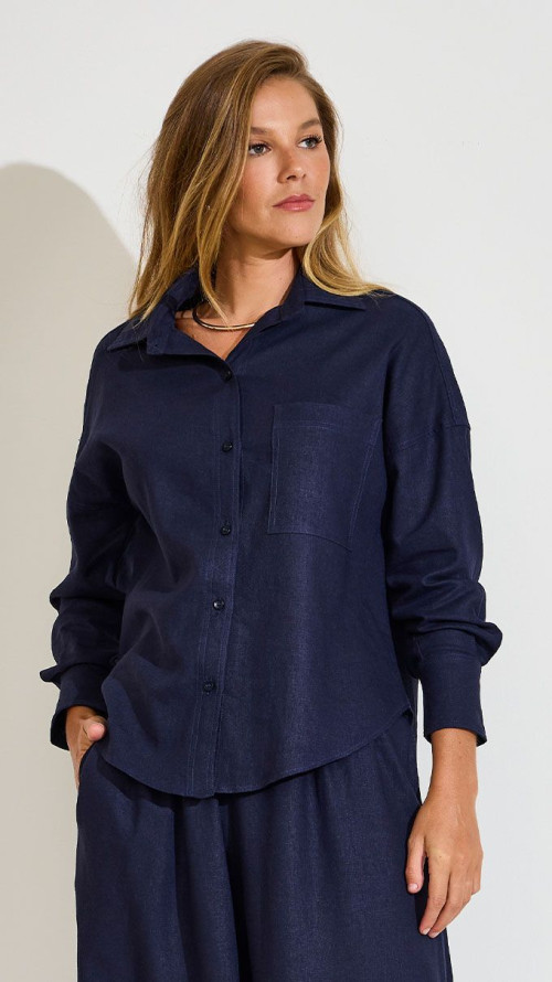 CAMISA DE LINHO MANGA LONGA AZUL