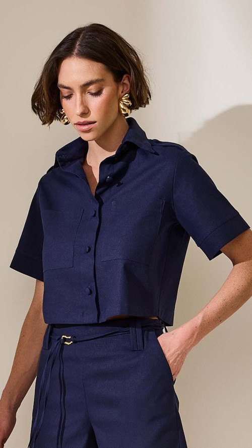 CAMISA LINHO MANGA CURTA AZUL NOITE