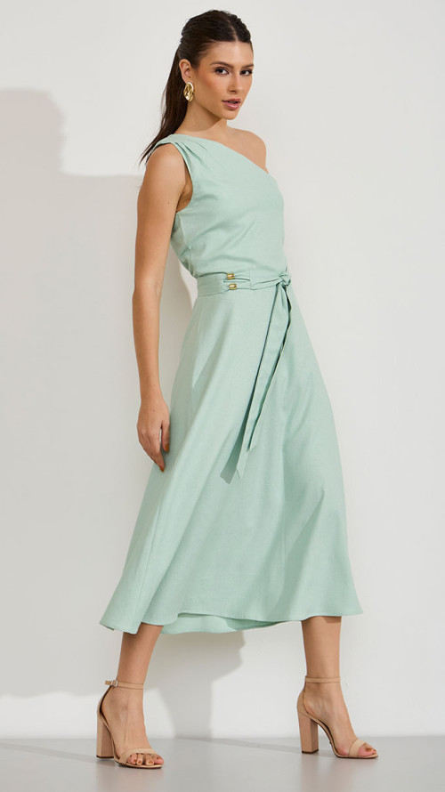 VESTIDO OMBRO SÓ COM CINTO VERDE MENTA