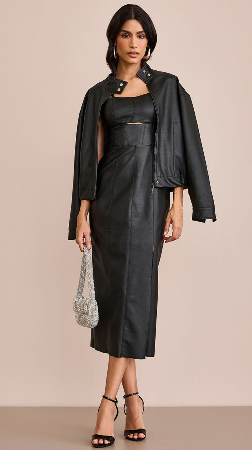 VESTIDO COURO ECO MIDI CUT OUT PRETO