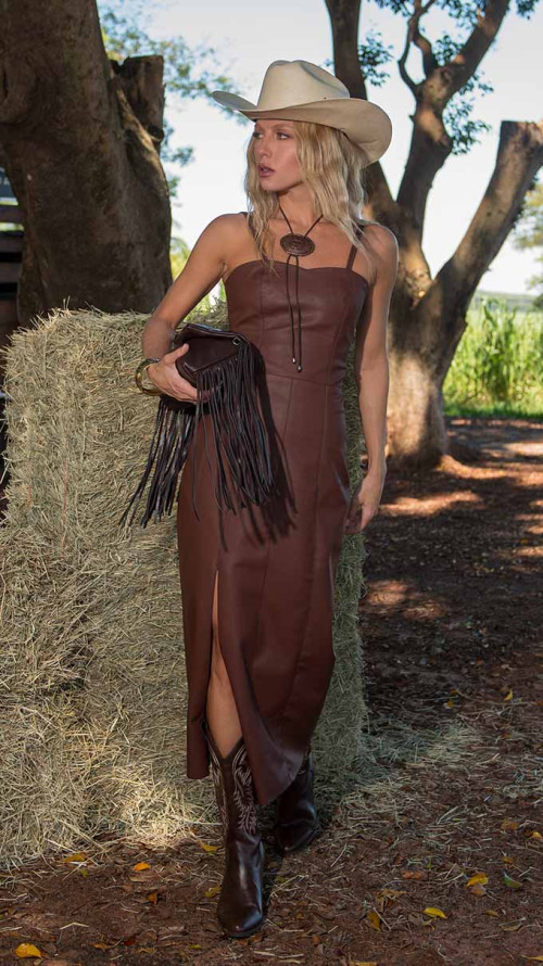 VESTIDO MIDI COURO ECO COM FENDA MARROM