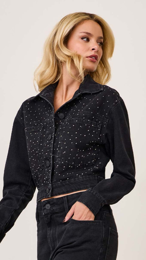 JAQUETA JEANS CROPPED PRETA STRASS