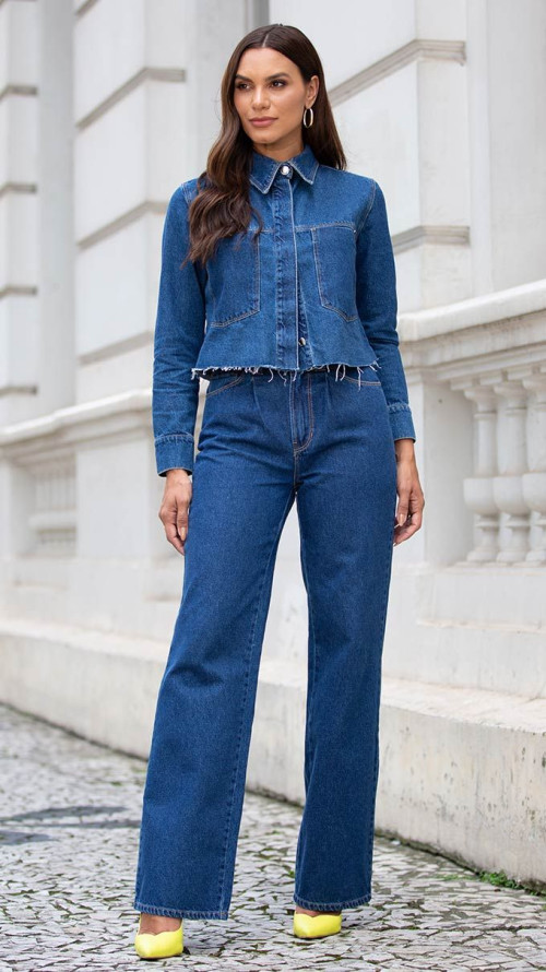 CALÇA JEANS WIDE LEG PREGA