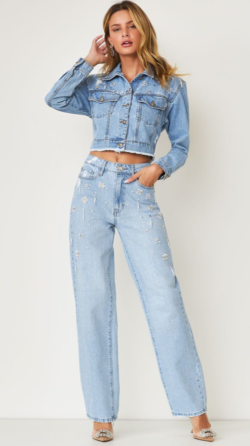 CALÇA JEANS WIDE LEG BORDADA PÉROLA
