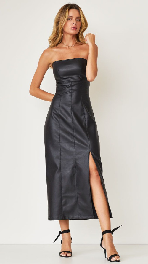 VESTIDO LONGO COURO SINTETICO PU PRETO