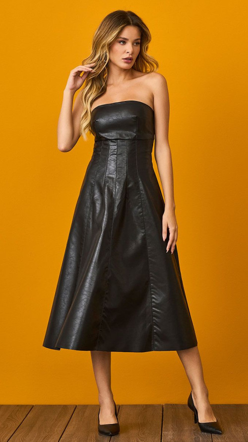 VESTIDO MIDI GODÊ STRAPLESS COURO PRETO