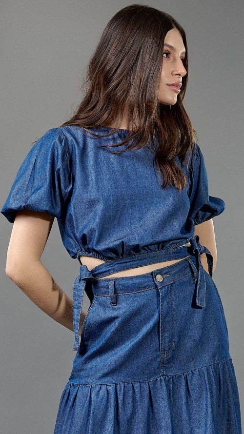 BLUSA CROPPED JEANS CUT OUT LAÇO