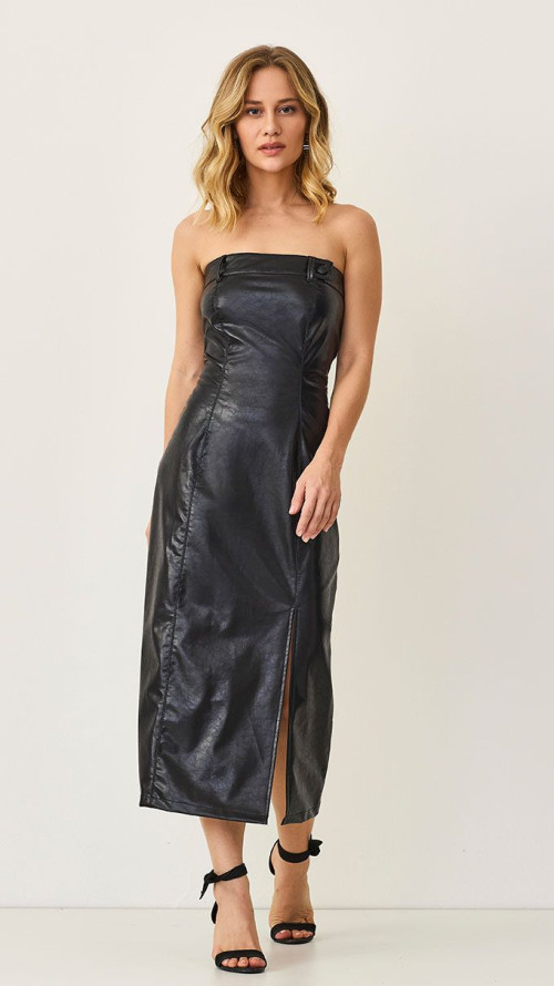 VESTIDO MIDI ECO COURO PRETO