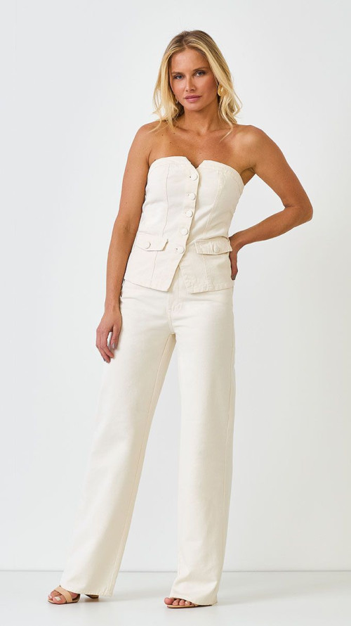 CALÇA WIDE LEG WHITE DENIM COM PASSANTE DUPLO