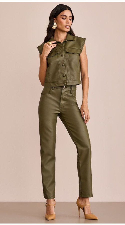 CALÇA COURO ECO RETA VERDE MUSGO
