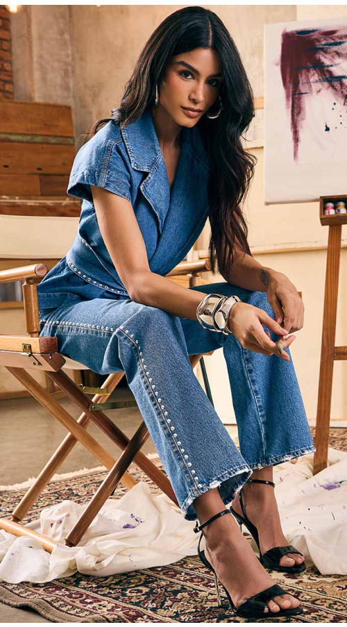 CALÇA JEANS WIDE LEG TACHAS