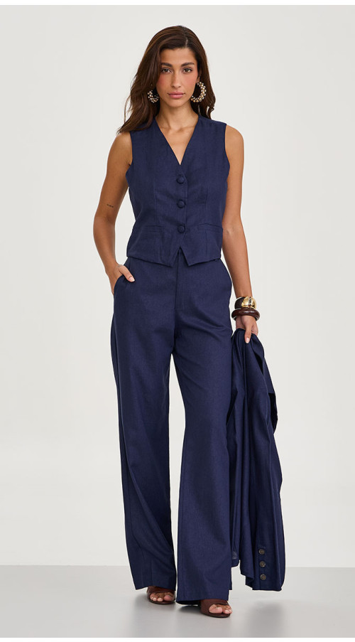 CALÇA LINHO WIDE LEG ALFAIATARIA AZUL