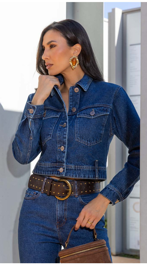 JAQUETA JEANS CROPPED ESCURA
