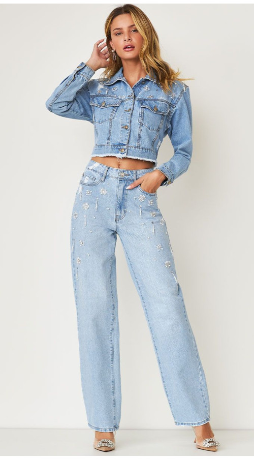 CALÇA JEANS WIDE LEG BORDADA PÉROLA