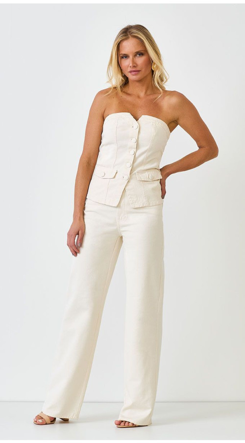 CALÇA WIDE LEG WHITE DENIM COM PASSANTE DUPLO