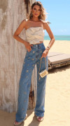 CALÇA JEANS WIDE LEG BORDADA