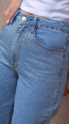 CALÇA JEANS WIDE LEG COM STRASS