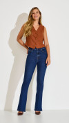 CALÇA JEANS ESCURA FLARE BOLSO RELÓGIO