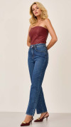 CALÇA JEANS RETA ESCURA BOLSO RELÓGIO
