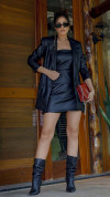BLAZER ALONGADO COURO SINTETICO PRETO